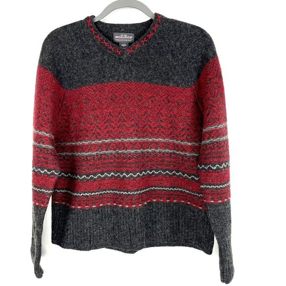 Woolrich Womens Sweater Size Large Nordic Fair Isle 100% Wool Knit Red Gray - Picture 1 of 4